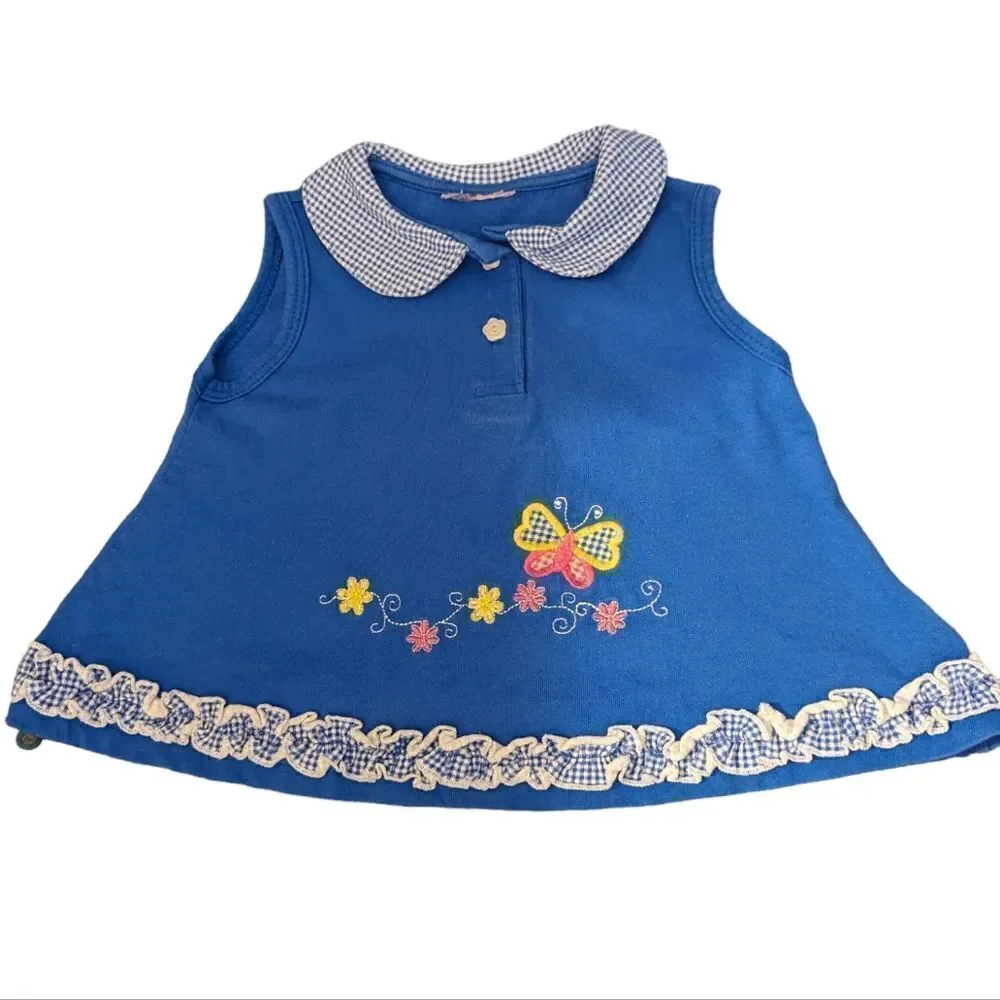 Vintage blue dress with embroidered butterfly and gingham ruffle details